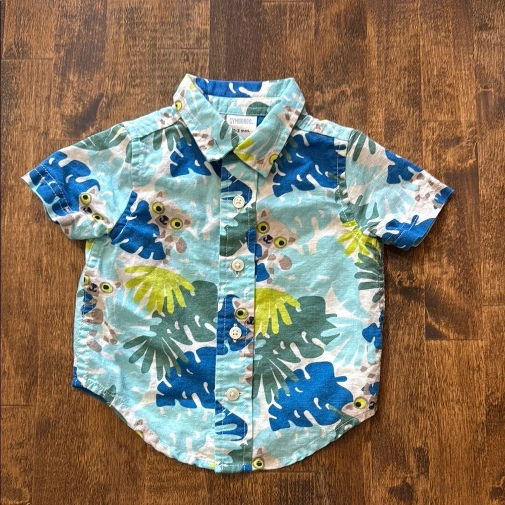 GYMBOREE Lemur Tropical Print Linen Cotton Blend Button Down Shirt Size 0-3